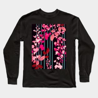 PINK FUCHSIA FLOWERS AND BLUE GREEN BLACK STRIPES Antique Japanese Floral Long Sleeve T-Shirt